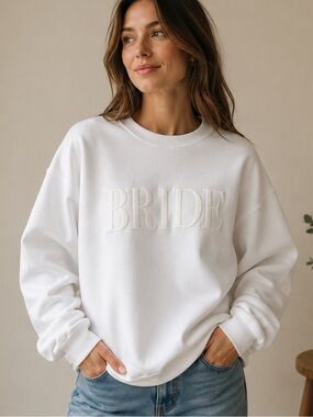 Jerzees White BRIDE Embroidered Crewneck Sweatshirt Bridal Pullover size Large